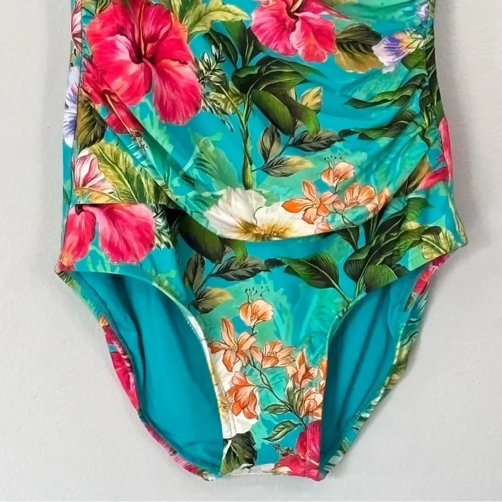 Jantzen Surplice Mio Tummy Control 1-Piece Swim Suit Swimsuit Tropical Floral 4